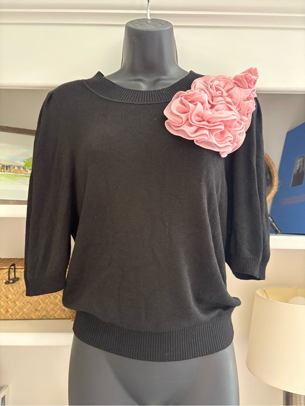 Anthropologie Maeve Black Knit Top with Pink Rosette Detail